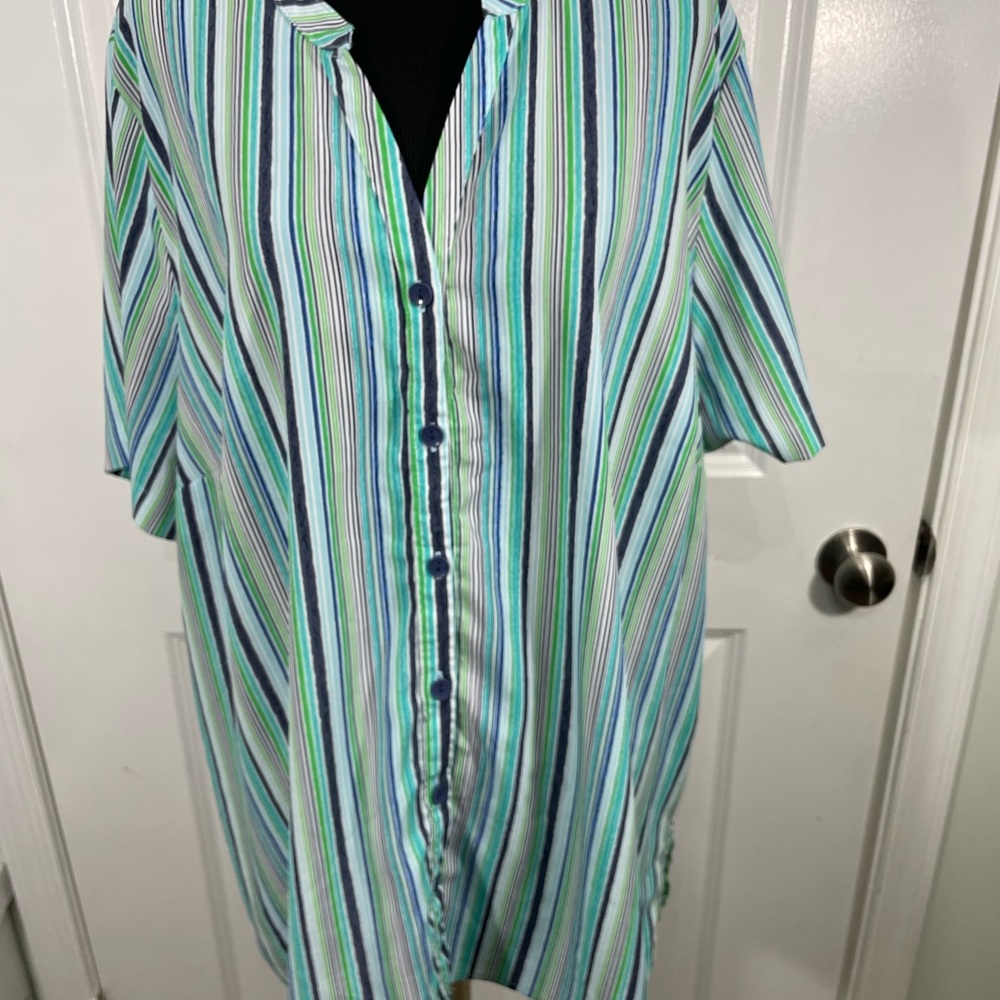 Catherine’s Striped Button-Up Blouse - Green And Blue Size 1x 18/20 Cb-80